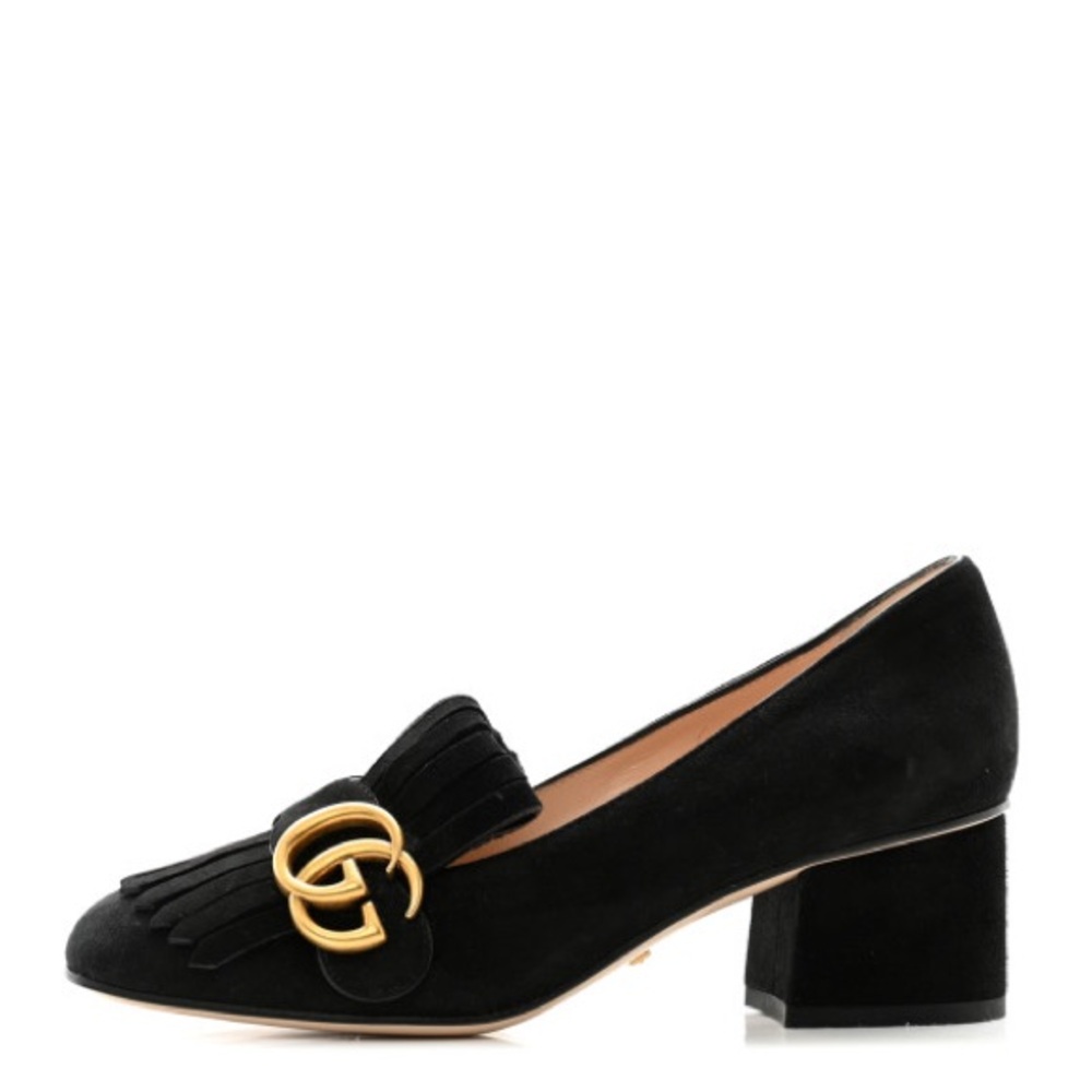 Gucci Women's Marmont GG Suede Fringe Block Heel Loafers Black EU 40